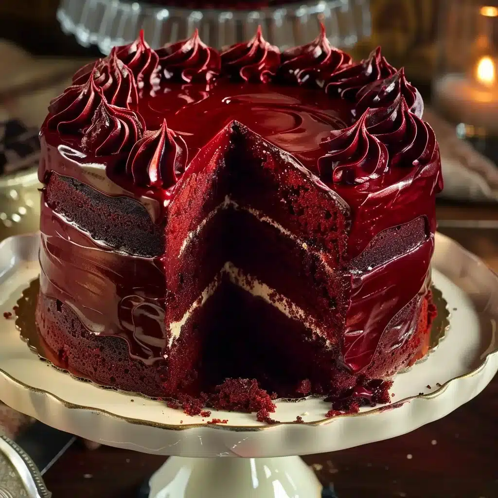 Delicious slice of easy Red Velvet Cake on a plate with cream cheese frosting