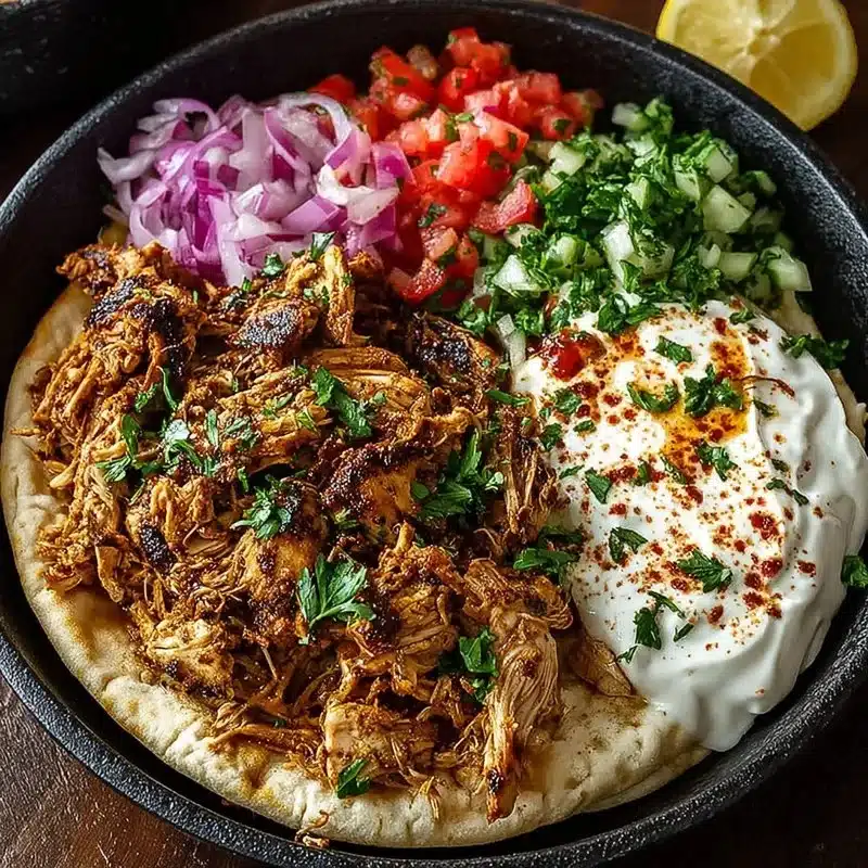 Slow cooker chicken shawarma with spices served in pita bread and vegetables