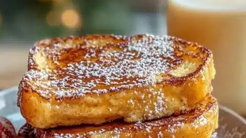 Delicious Eggnog French Toast served with powdered sugar and festive decorations.