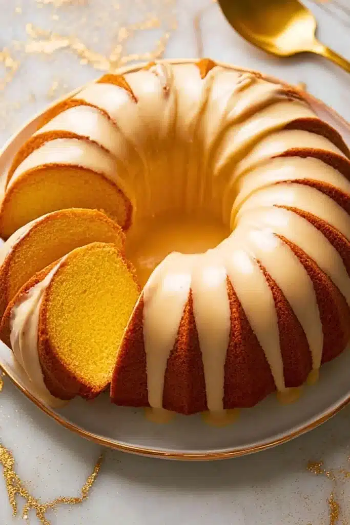 Slice of Eggnog Pound Cake garnished with holiday spices and served on a plate