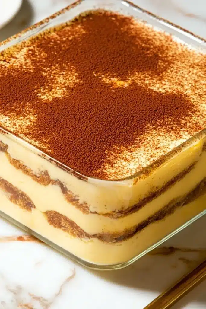 Delicious Eggnog Tiramisu dessert topped with nutmeg and cocoa