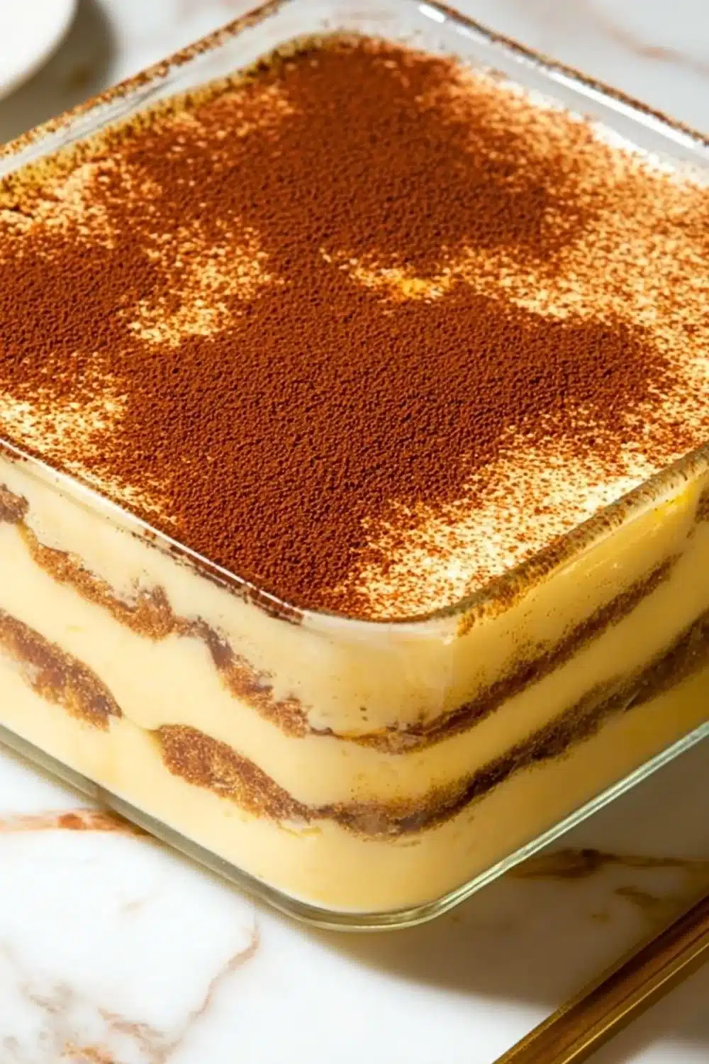 Delicious Eggnog Tiramisu dessert topped with nutmeg and cocoa