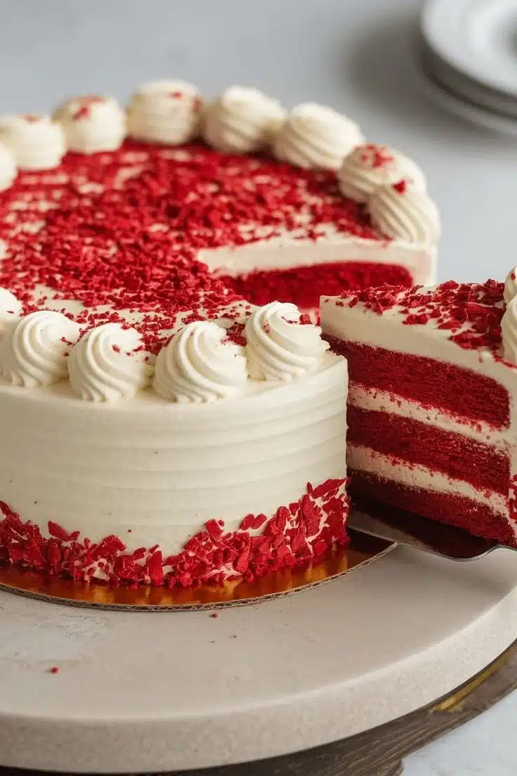 Elegant red velvet cake with cream cheese frosting and decorative details.