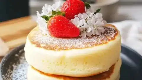 Fluffy Japanese soufflé pancakes served with syrup and fruit
