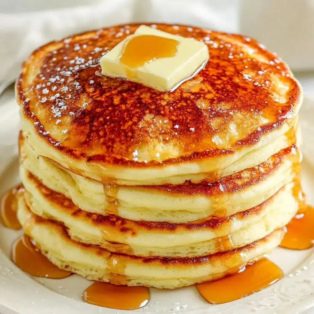 Plate of fluffy pancakes topped with syrup and fresh berries for breakfast.