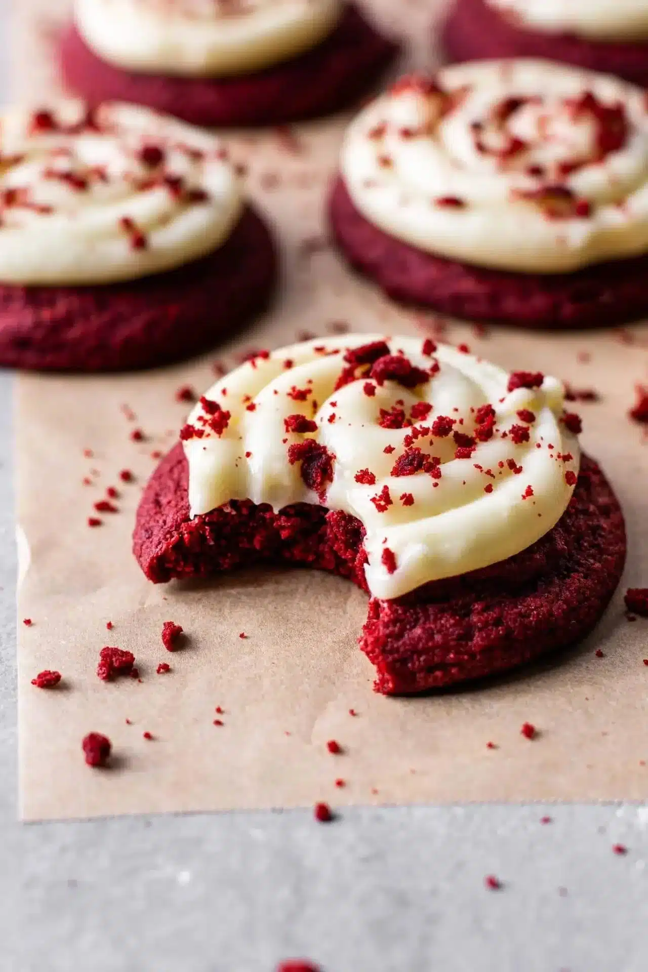 Frosted Red Velvet Cupcake Cookies with cream cheese frosting