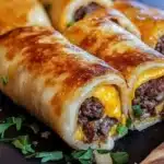 Garlic Butter Beef Cheeseburger Rollups with fresh ingredients and melted cheese