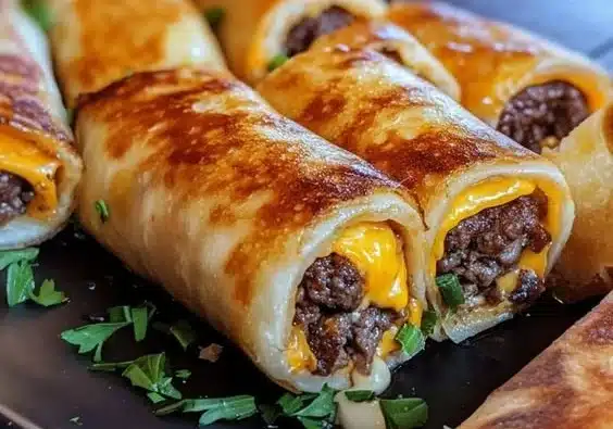 Garlic Butter Beef Cheeseburger Rollups with fresh ingredients and melted cheese