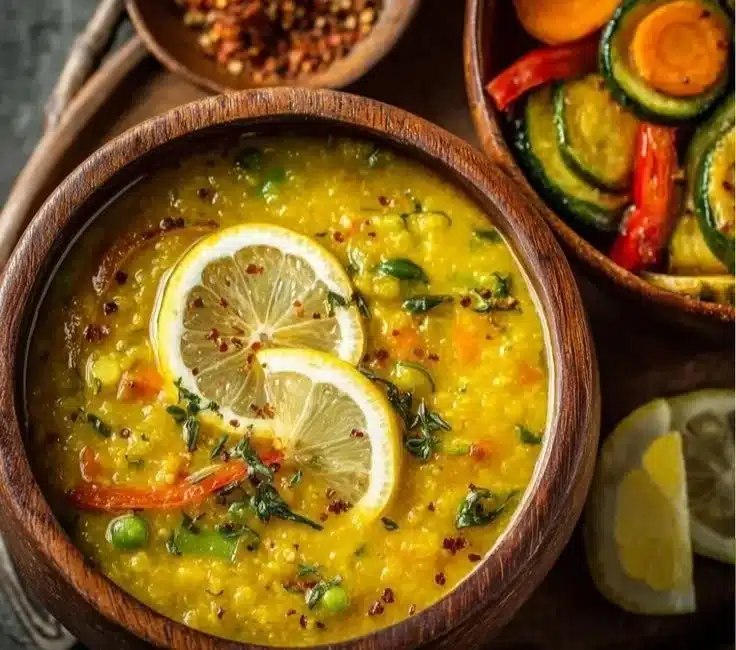 Bowl of Golden Lemon Lentil Soup garnished with herbs and lemon slices