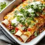 Delicious plate of ground beef enchiladas topped with cheese and salsa