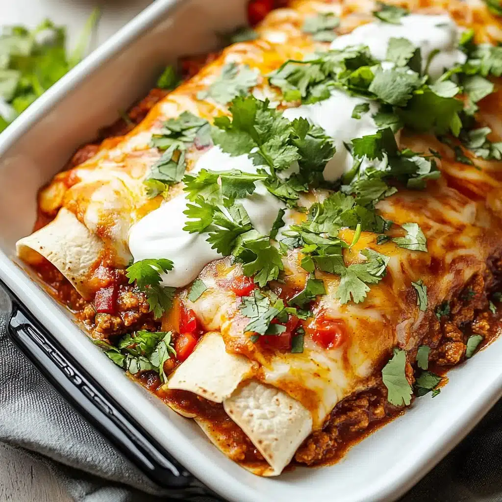 Delicious plate of ground beef enchiladas topped with cheese and salsa