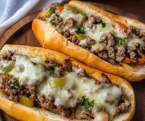 Delicious Ground Beef Philly Cheesesteaks served in a toasted roll