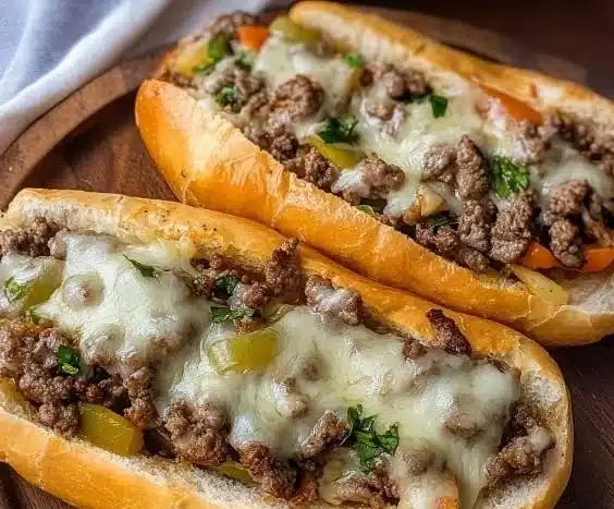 Ground Beef Philly Cheesesteaks served in a toasted hoagie roll
