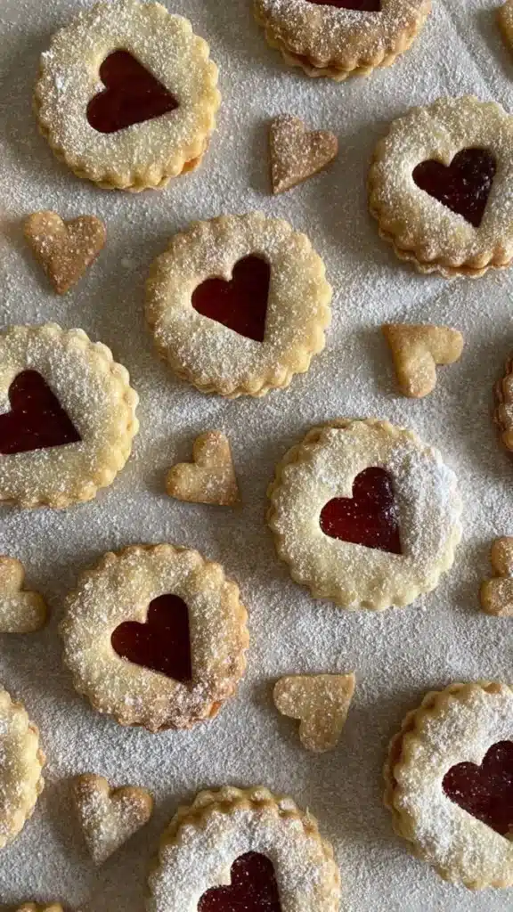 Heart shaped jam cookies with vibrant fruit filling