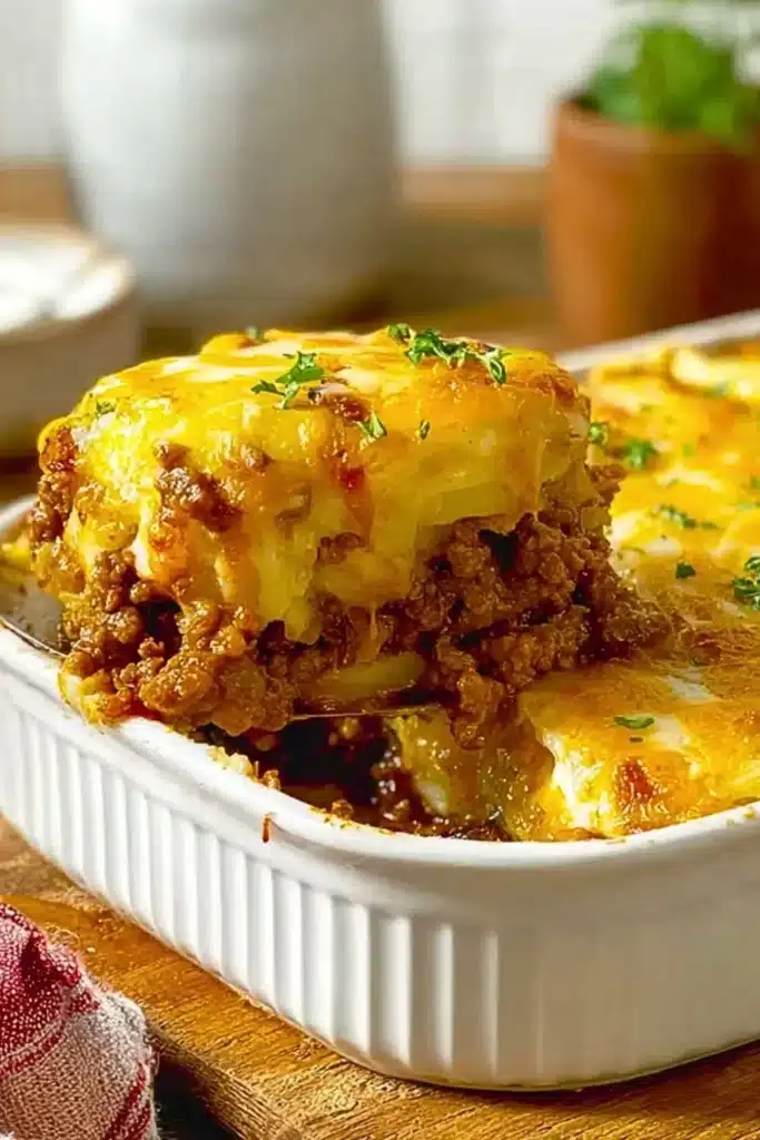 A delicious hearty beef casserole with potatoes served in a baking dish.