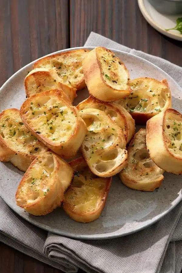 Homemade herbed garlic bread with fresh herbs and melted butter