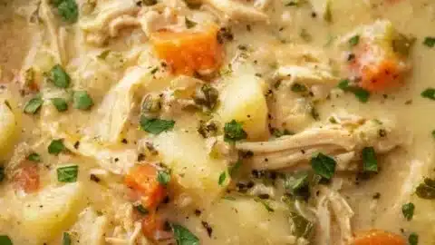 Bowl of high protein chicken pot pie soup with vegetables and chicken