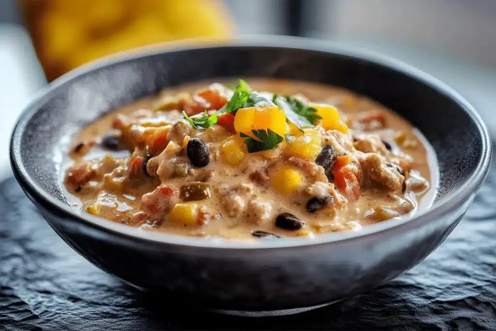 Bowl of high protein creamy taco soup topped with cheese and cilantro