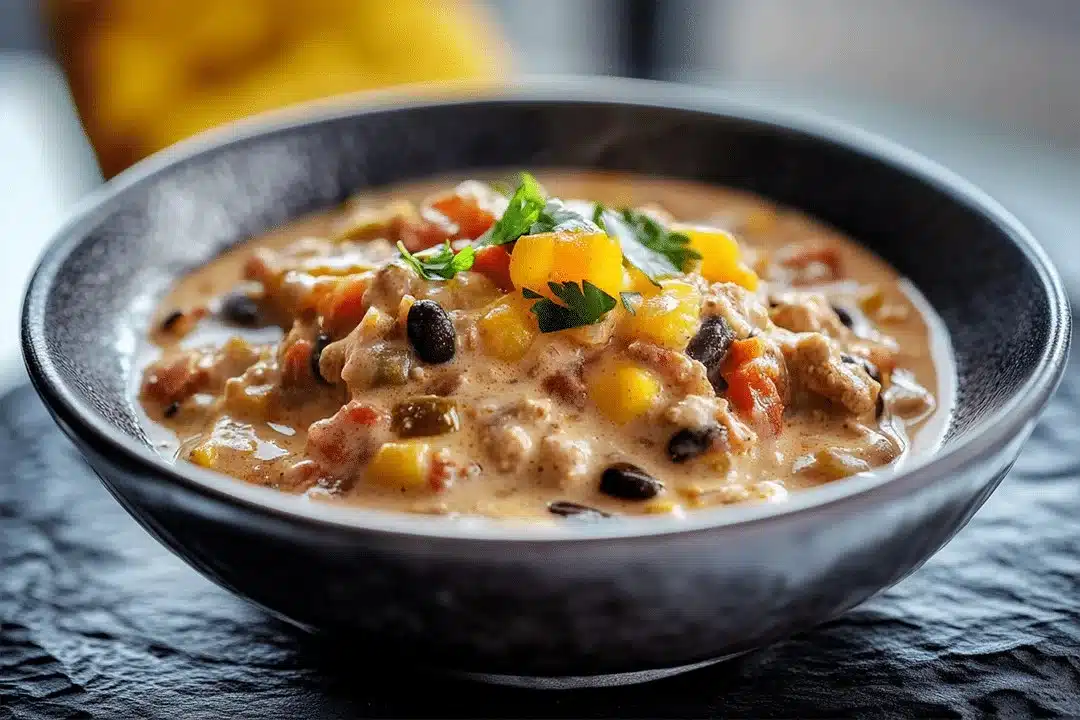 Bowl of high protein creamy taco soup topped with cheese and cilantro