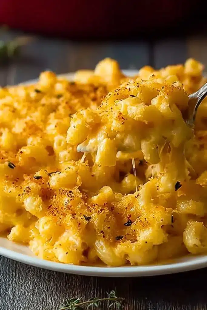 Delicious homemade baked mac and cheese served in a creamy cheese sauce