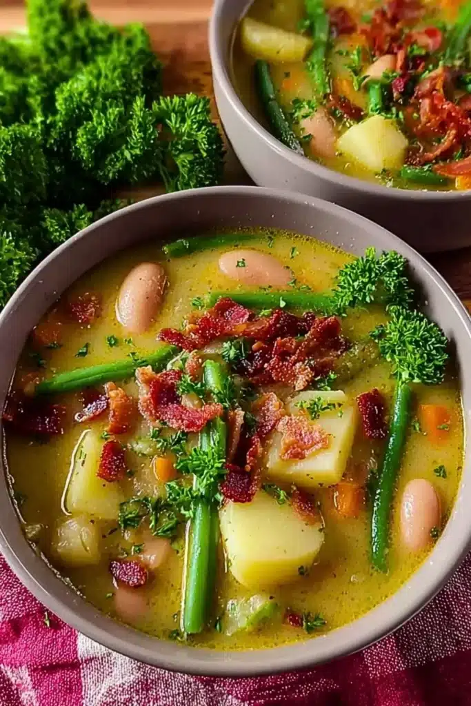 Bowl of homemade German bean soup with vegetables and spices