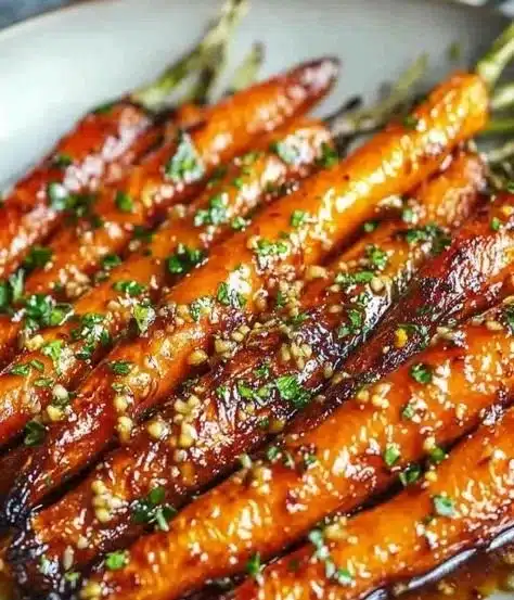 Bowl of honey garlic roasted carrots garnished with fresh herbs