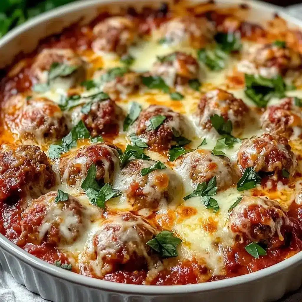 Delicious Keto Meatball Parmesan Casserole topped with melted cheese and herbs