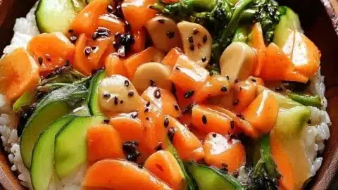 Delicious rice cake topped with colorful mixed vegetables for a thriving meal