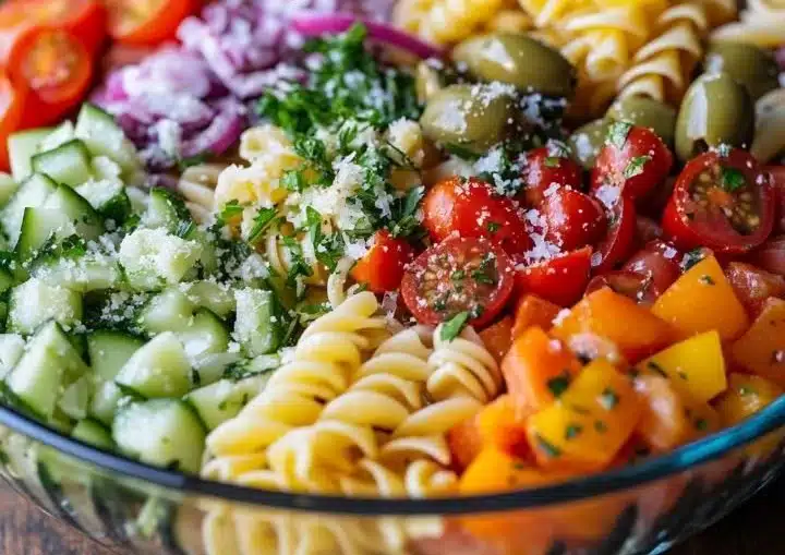 Colorful Italian Pasta Salad with fresh vegetables and herbs in a bowl.