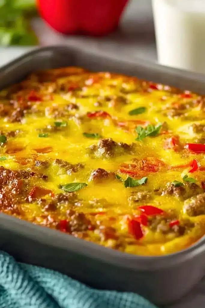 Crustless sausage and pepper quiche slice on a plate