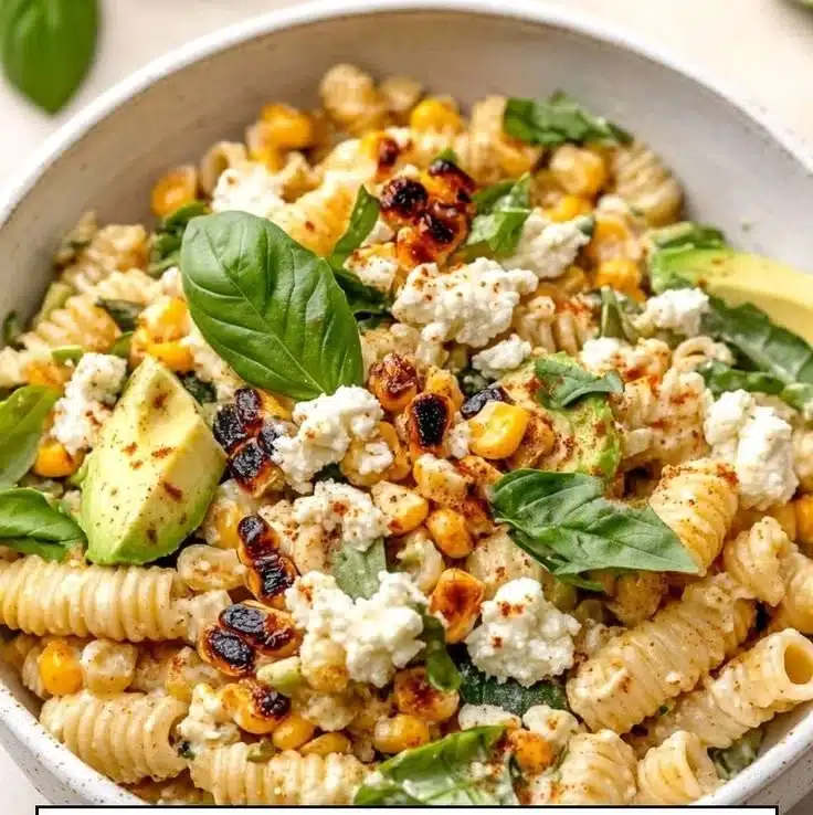 Vibrant street corn pasta salad with fresh ingredients and a zesty dressing.
