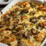 Keto Garlic Mushroom Chicken Casserole with creamy sauce and mushrooms