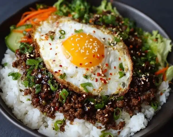 Korean Ground Beef Bowl with vegetables and rice