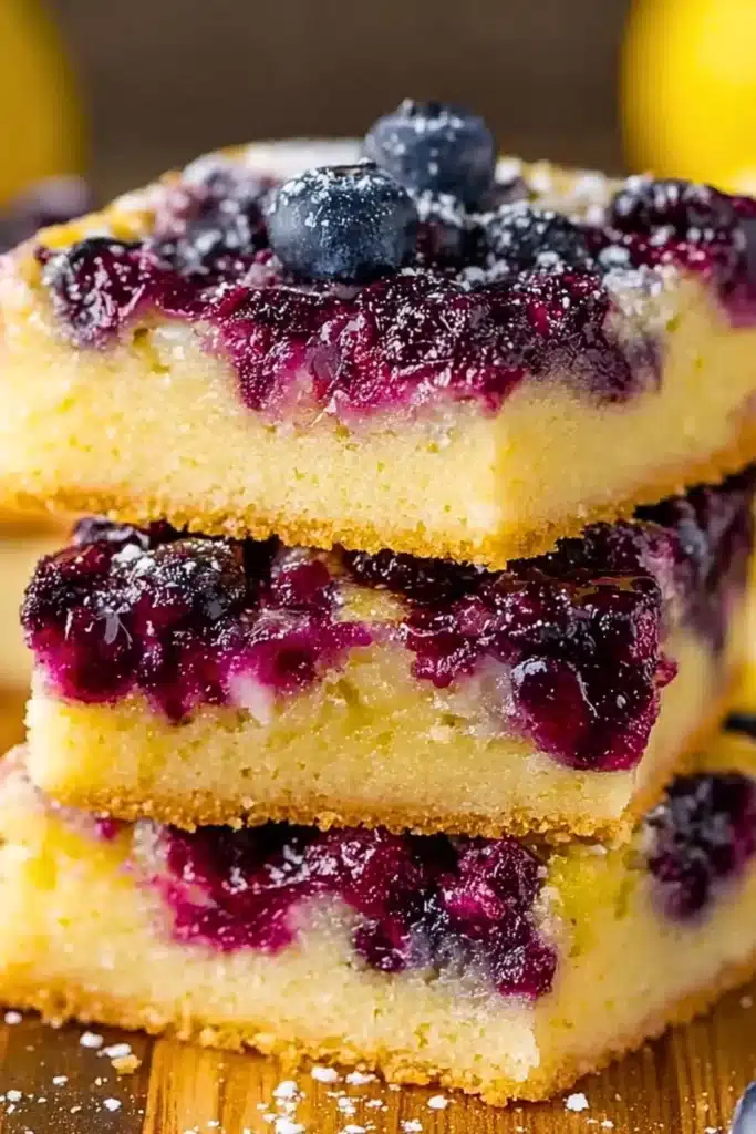 Delicious lemon blueberry bars garnished with fresh blueberries and lemon zest.