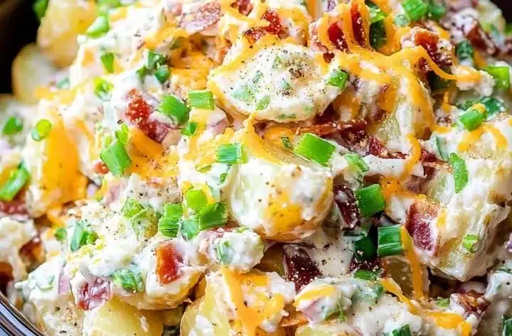 Delicious loaded potato salad with bacon, cheese, and green onions in a bowl