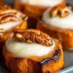 Maple roasted sweet potato bites served in a bowl with garnishes.