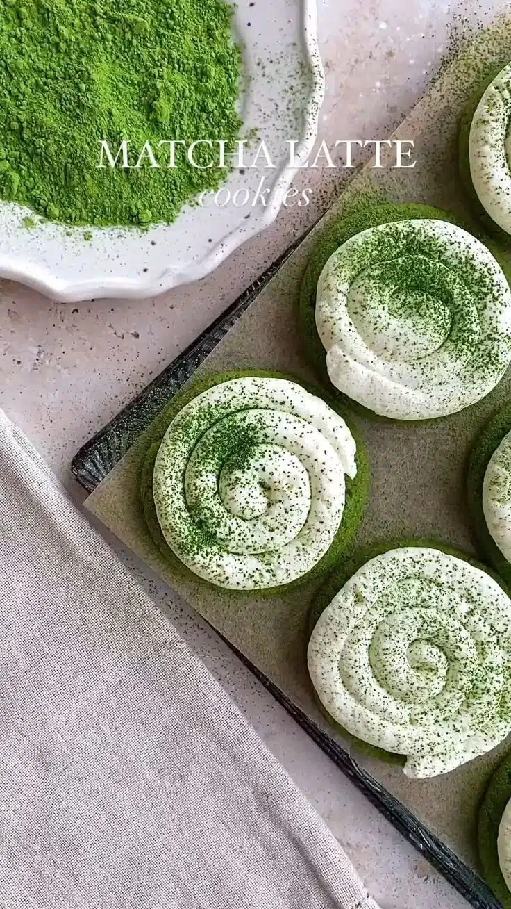 Delicious matcha latte cookies with a vibrant green color and a sweet glaze.