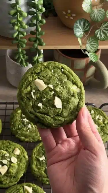 Delicious matcha white chocolate cookies on a plate