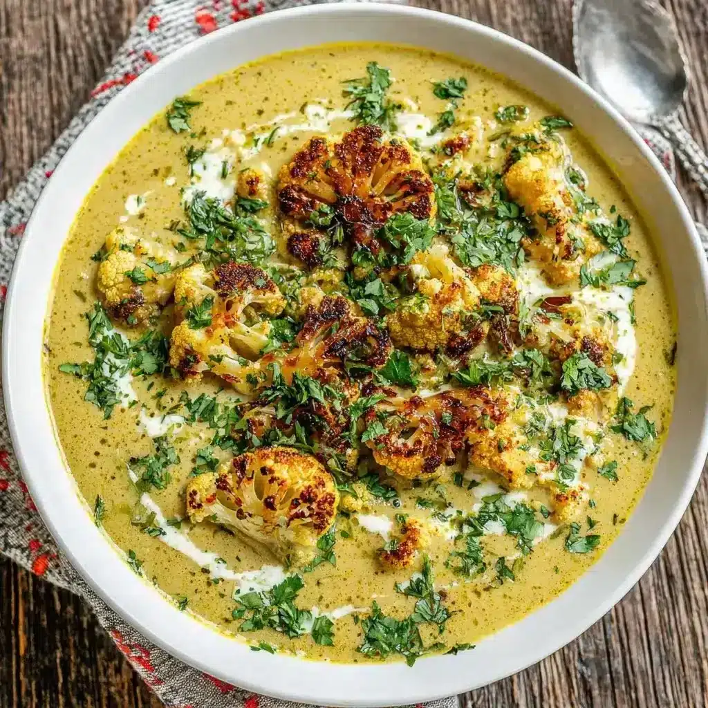 Bowl of Mediterranean Cauliflower Soup garnished with herbs and spices