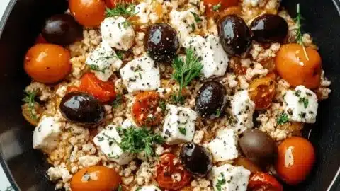 Mediterranean Keto Skillet with ground chicken, olives, and feta cheese