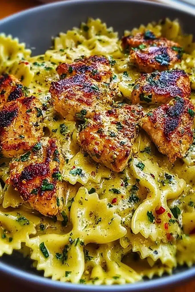 Mozzarella garlic butter chicken served with bowties in creamy sauce