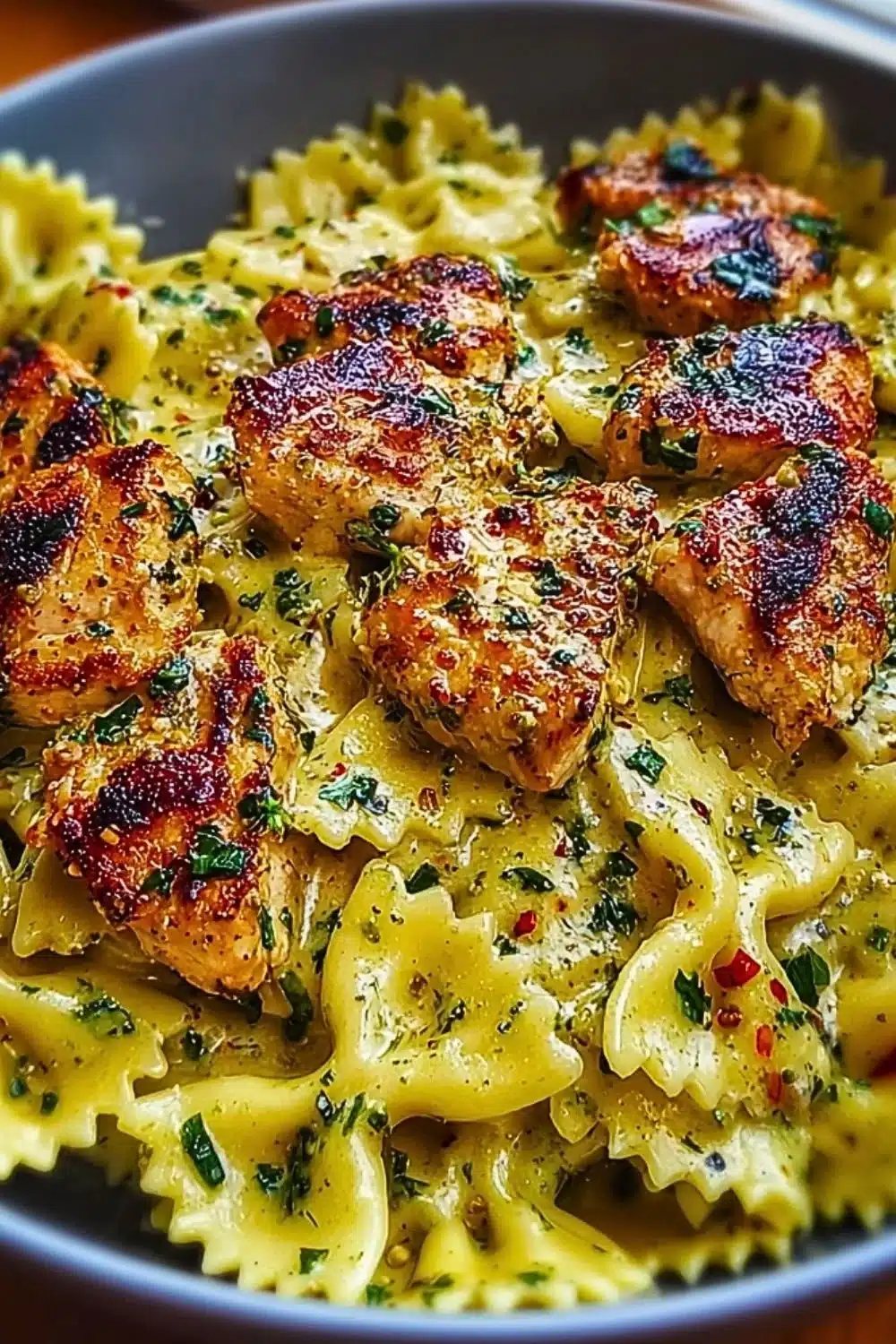 Mozzarella garlic butter chicken served with bowties in creamy sauce