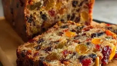 Homemade never fail fruit cake, showcasing an old-fashioned style dessert with vibrant fruits.