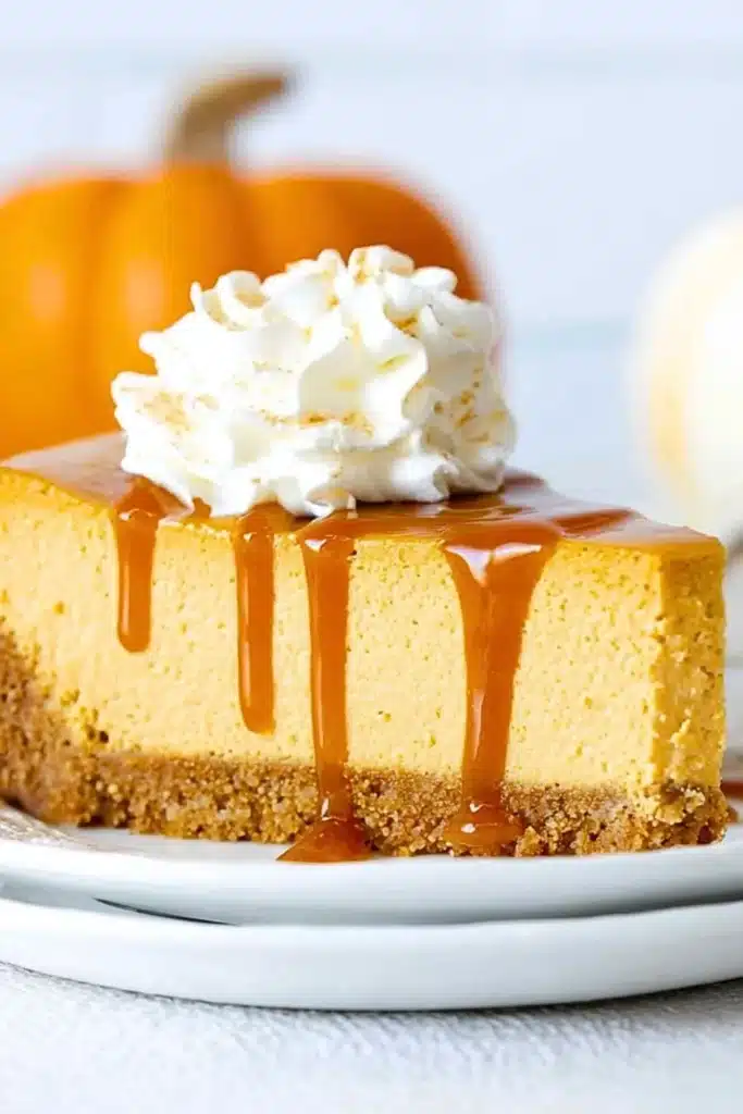 Delicious no bake pumpkin cheesecake topped with whipped cream and spices