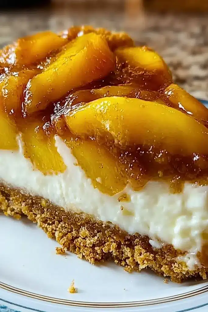 Delicious Peach Cobbler Cheesecake with fresh peaches and crumbly topping