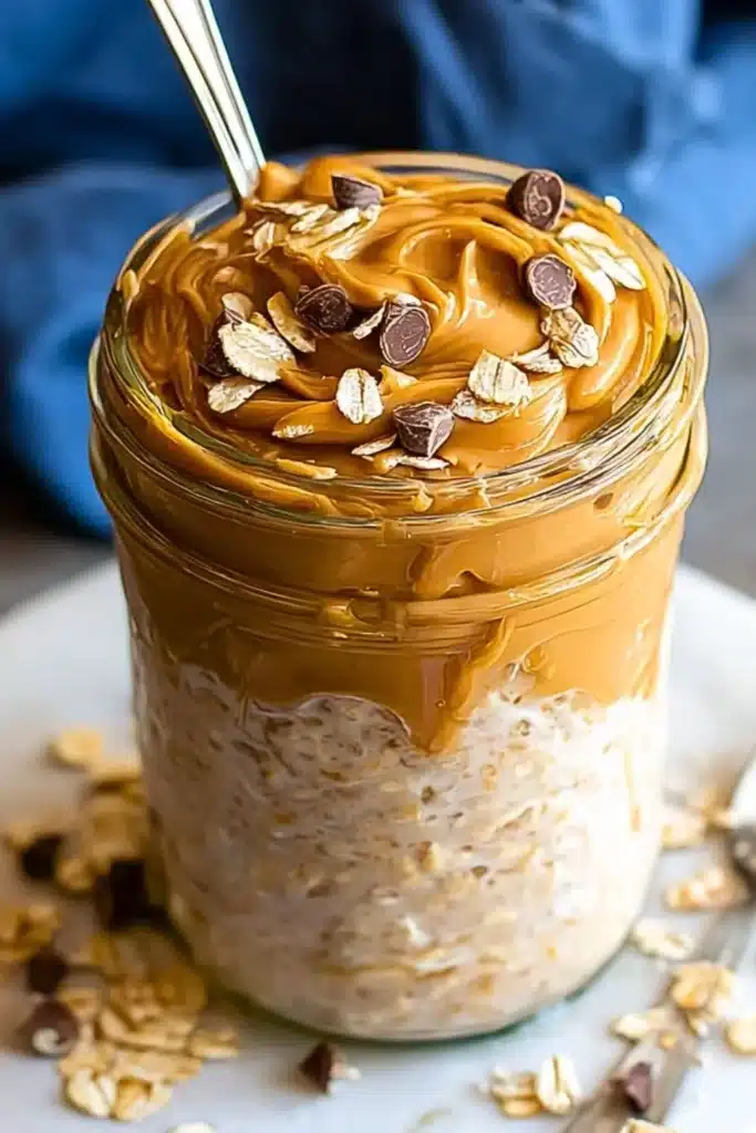 Bowl of peanut butter overnight oats topped with banana and chia seeds