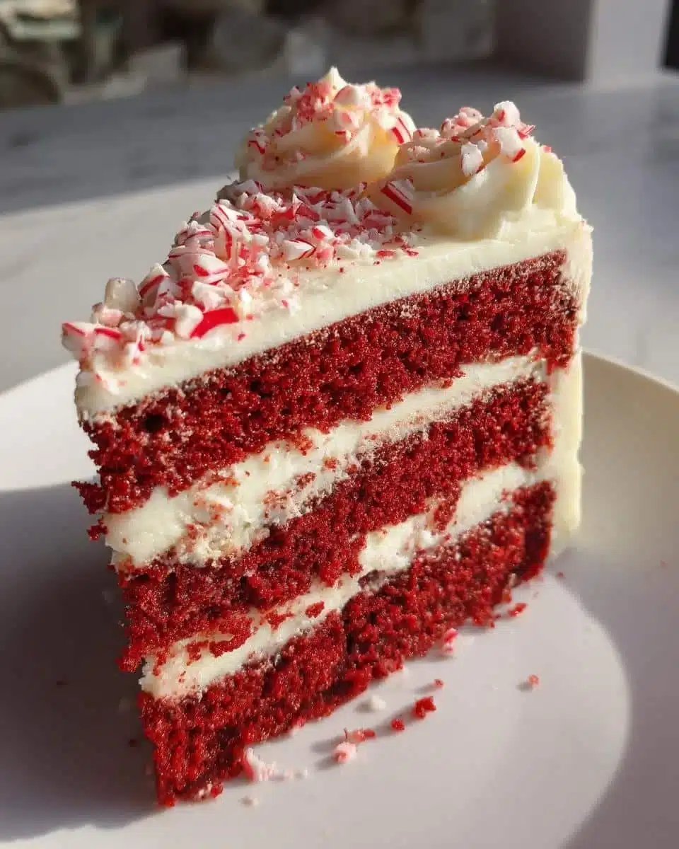 Slice of Peppermint Red Velvet Cake topped with white frosting and crushed candy canes