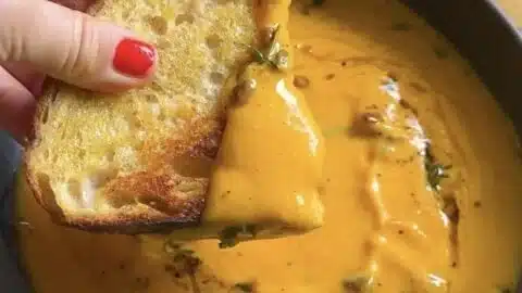 Bowl of protein-packed butternut squash soup topped with herbs