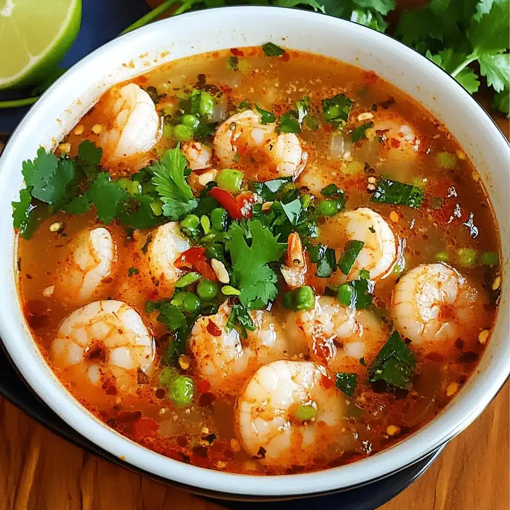 Quick and spicy shrimp soup served in a bowl with herbs and spices