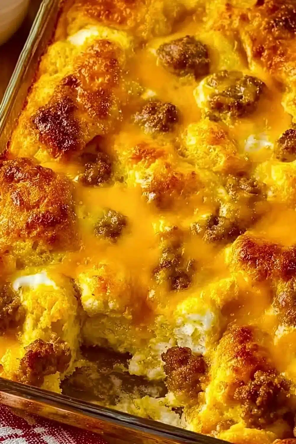 Delicious biscuit and sausage egg bake served in a casserole dish